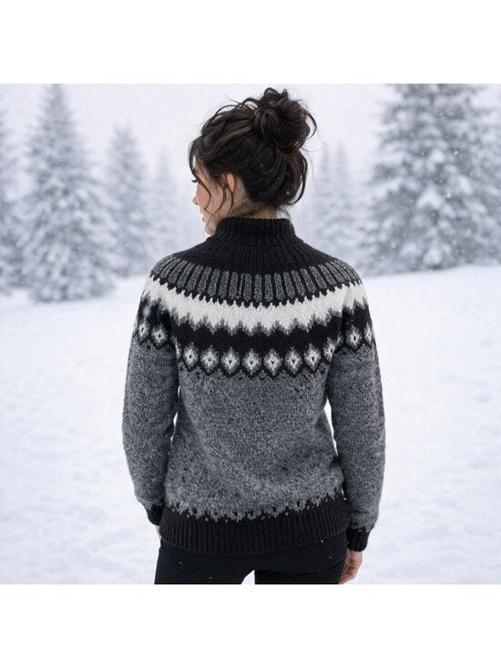 Handmade Milagros Imports Alpaca Wool Sweater Nordic Pattern Black/Grey/White Wo - Picture 2 of 15